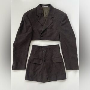 WEAR IT N SHARE IT Reworked Blazer Skirt Suit Brown Mini Plaid Oversized Size XS